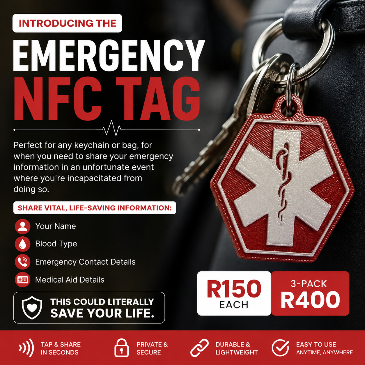 3DMEUP Emergency NFC tag for keychains and bags